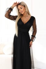 664-3 Long Maxi Dress with Tulle Sleeves and Wrap Neckline - Black-4