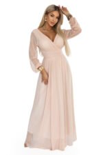 664-4 Long maxi dress with tulle sleeves and a wrap neckline - peach-7