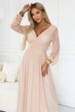664-4 Long maxi dress with tulle sleeves and a wrap neckline - peach-4
