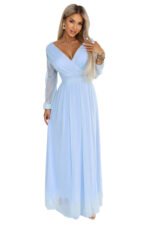 664-5 Long maxi dress with tulle sleeves and a wrap neckline - sky blue-7
