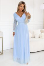 664-5 Long maxi dress with tulle sleeves and a wrap neckline - sky blue-1