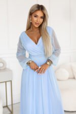 664-5 Long maxi dress with tulle sleeves and a wrap neckline - sky blue-3