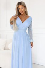 664-5 Long maxi dress with tulle sleeves and a wrap neckline - sky blue-5