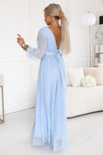 664-5 Long maxi dress with tulle sleeves and a wrap neckline - sky blue-2