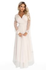 664-6 Long maxi dress with tulle sleeves and a wrap neckline - beige-10