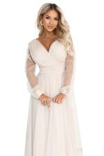 664-6 Long maxi dress with tulle sleeves and a wrap neckline - beige-11