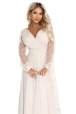 664-6 Long maxi dress with tulle sleeves and a wrap neckline - beige-11