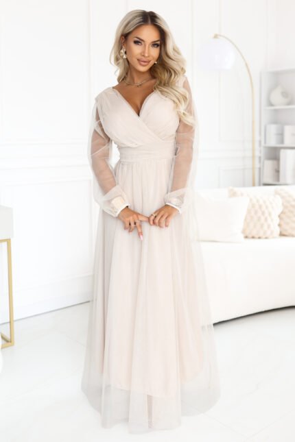 664-6 Long maxi dress with tulle sleeves and a wrap neckline - beige-1
