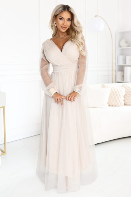 664-6 Long maxi dress with tulle sleeves and a wrap neckline - beige-1
