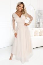 664-6 Long maxi dress with tulle sleeves and a wrap neckline - beige-4