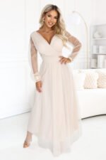 664-6 Long maxi dress with tulle sleeves and a wrap neckline - beige-4