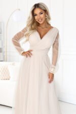 664-6 Long maxi dress with tulle sleeves and a wrap neckline - beige-7
