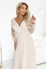 664-6 Long maxi dress with tulle sleeves and a wrap neckline - beige-2