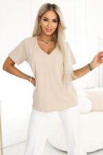 665-3 Cotton women's top with V-neckline and short sleeve - beige-7