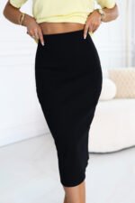 667-1 Fitted Striped Midi Skirt with High Waist - Black-2