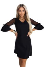 668-1 A-Line Glitter Dress with Tulle Sleeves and V-Neckline - Black-8