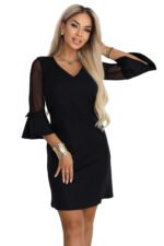 668-1 A-Line Glitter Dress with Tulle Sleeves and V-Neckline - Black-7