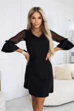668-1 A-Line Glitter Dress with Tulle Sleeves and V-Neckline - Black-1