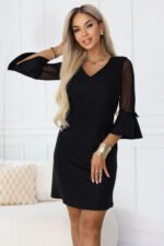 668-1 A-Line Glitter Dress with Tulle Sleeves and V-Neckline - Black-4