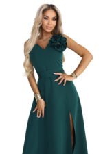 669-1 Romantic maxi dress with a flower on the shoulder and a slit - bottle green-11