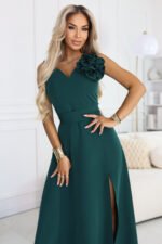 669-1 Romantic maxi dress with a flower on the shoulder and a slit - bottle green-4