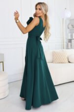 669-1 Romantic maxi dress with a flower on the shoulder and a slit - bottle green-3