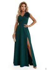 669-1 Romantic maxi dress with a flower on the shoulder and a slit - bottle green-10