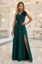 669-1 Romantic maxi dress with a flower on the shoulder and a slit - bottle green-2