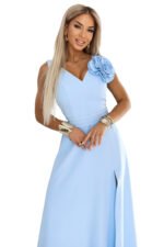 669-2 Maxi Wedding Dress with Flower at the Shoulder and Slit - Sky Blue-11