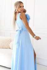 669-2 Maxi Wedding Dress with Flower at the Shoulder and Slit - Sky Blue-5