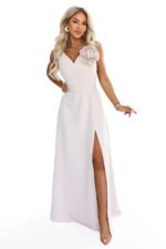 669-3 Romantic maxi dress with a flower on the shoulder and a slit - beige-11