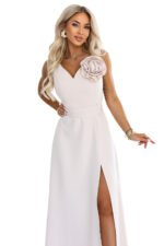 669-3 Romantic maxi dress with a flower on the shoulder and a slit - beige-12