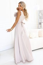 669-3 Romantic maxi dress with a flower on the shoulder and a slit - beige-4
