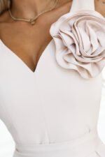 669-3 Romantic maxi dress with a flower on the shoulder and a slit - beige-10