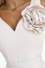 669-3 Romantic maxi dress with a flower on the shoulder and a slit - beige-10