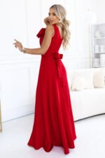 669-4 Romantic maxi dress with a flower on the shoulder and a slit - red-2