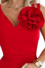 669-4 Romantic maxi dress with a flower on the shoulder and a slit - red-9