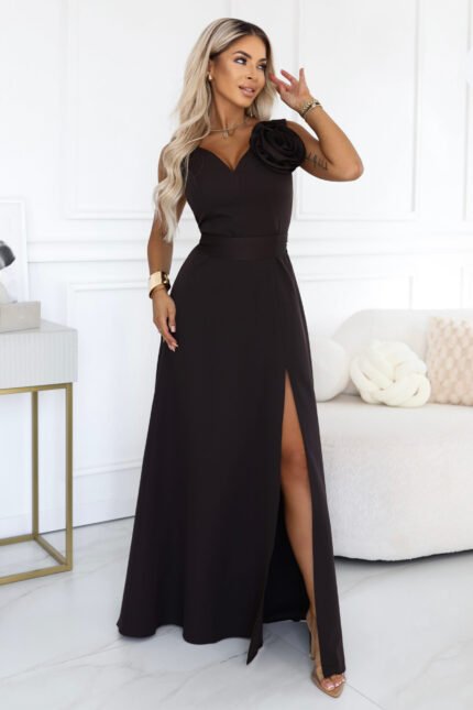 669-5 Romantic maxi dress with a shoulder flower and a slit - chocolate brown-1