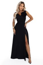669-6 Romantic maxi dress with a shoulder flower and a slit - classic black-11