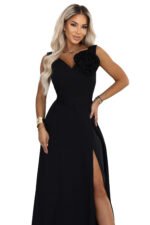 669-6 Romantic maxi dress with a shoulder flower and a slit - classic black-12