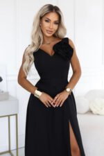 669-6 Romantic maxi dress with a shoulder flower and a slit - classic black-3