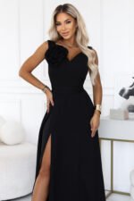 669-6 Romantic maxi dress with a shoulder flower and a slit - classic black-7