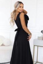 669-6 Romantic maxi dress with a shoulder flower and a slit - classic black-8