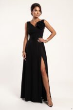 669-6 Romantic maxi dress with a shoulder flower and a slit - classic black-5