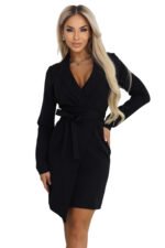 670-1 Elegant Blazer Dress with Belt and Asymmetric Hem - Black-11