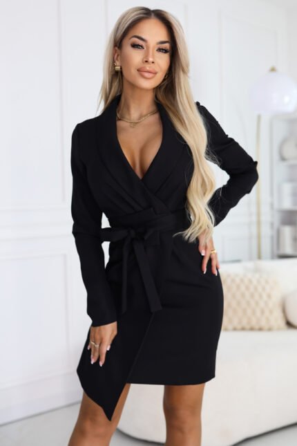 670-1 Elegant Blazer Dress with Belt and Asymmetric Hem - Black-1