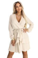 671-1 Sensual Mini Dress with Wrap Neckline - Beige-10