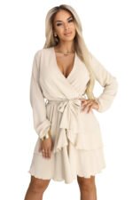 671-1 Sensual Mini Dress with Wrap Neckline - Beige-10