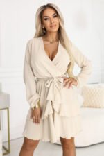671-1 Sensual Mini Dress with Wrap Neckline - Beige-5