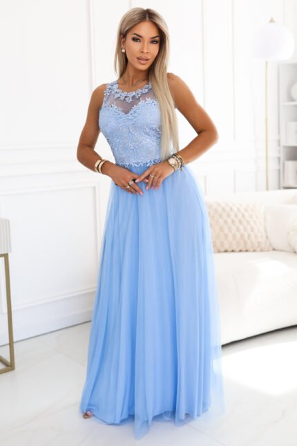 672-1 Romantic maxi wedding dress with embroidered lace and tulle - baby blue-1